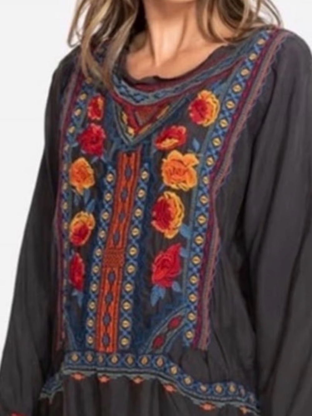 Johnny Was Biya Abira Cupra Embroidered Floral Charcoal with Red & Gold Accents